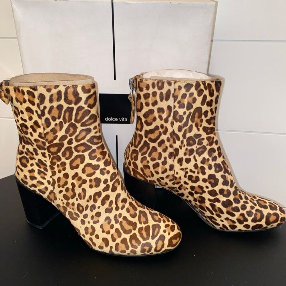 Dolce Vita Women's Booties Cyan Calf Hair Dark Leopard Block Heel Size 8.5